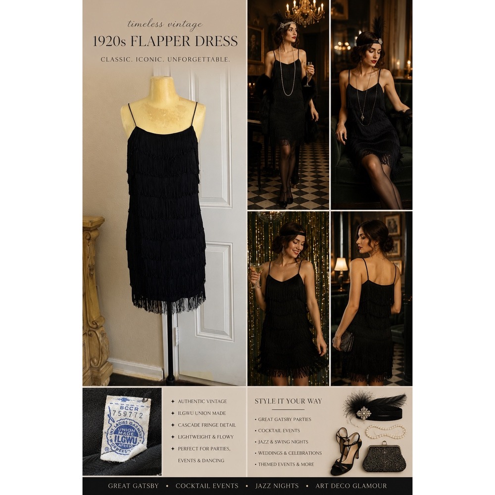 Vintage 60's Flapper Dress Black Fringe ILGWU Union Made Gatsby Art Deco